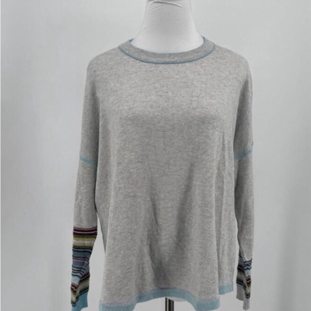 Zaket & Plover Gray Cashmere Cotton Striped Sleeve Check Back Boxy Sweater Sz M